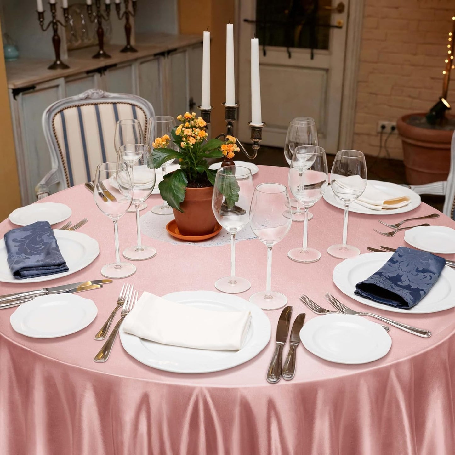 120 Inches round Satin Tablecloths Rose Gold Overlay round Satin Table Cover Bri