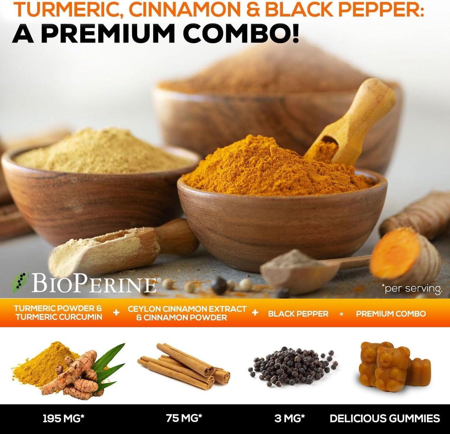 Turmeric Curcumin Supplement Gummies with Ginger & Cinnamon, 95% Curcuminoids Tu