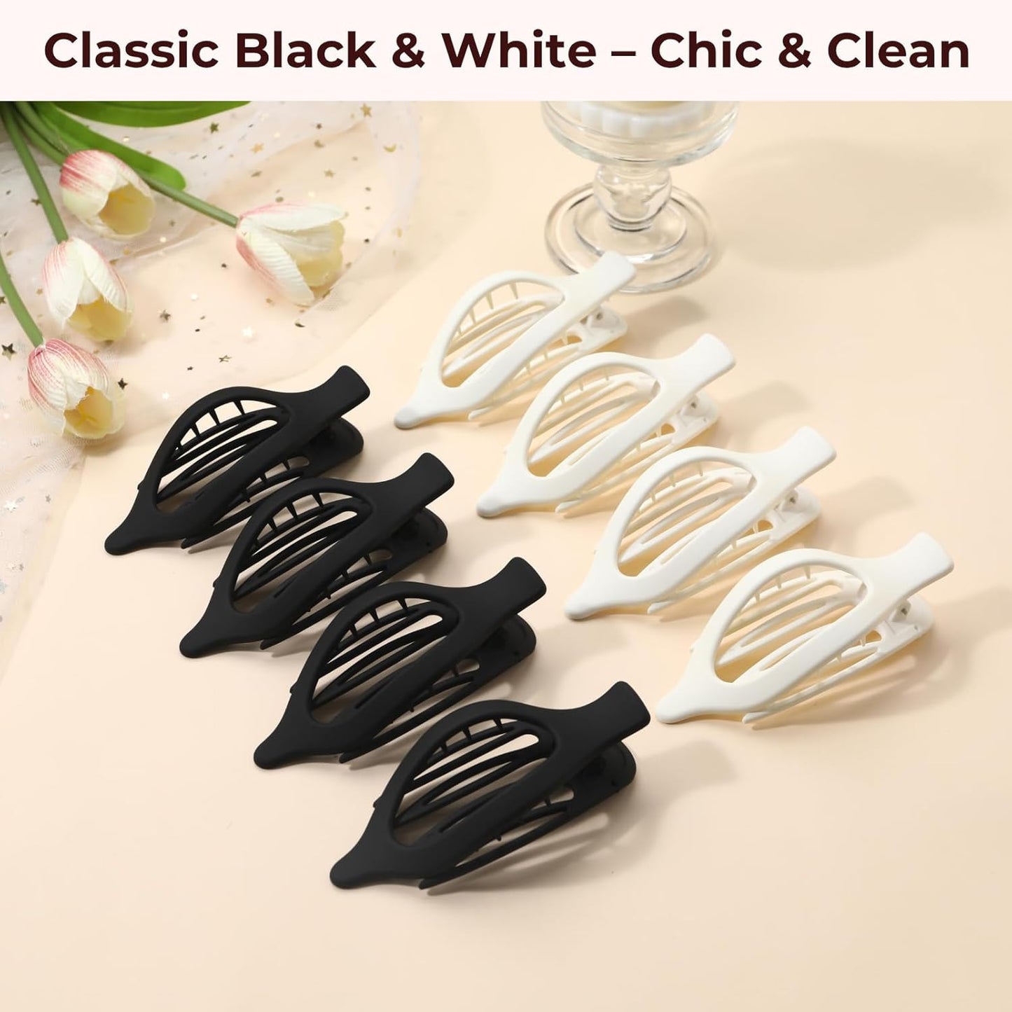 8 Pack Black and White Flat Hair Clips – Matte French Claw Clips for Women, Neut
