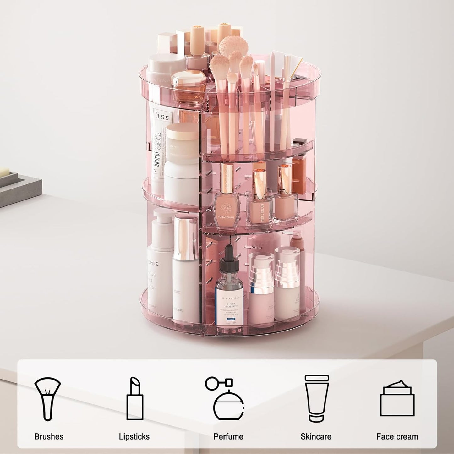 360 Rotating Makeup Organizer with Lipstick Slots, 8 Adjustable Layers Spinning