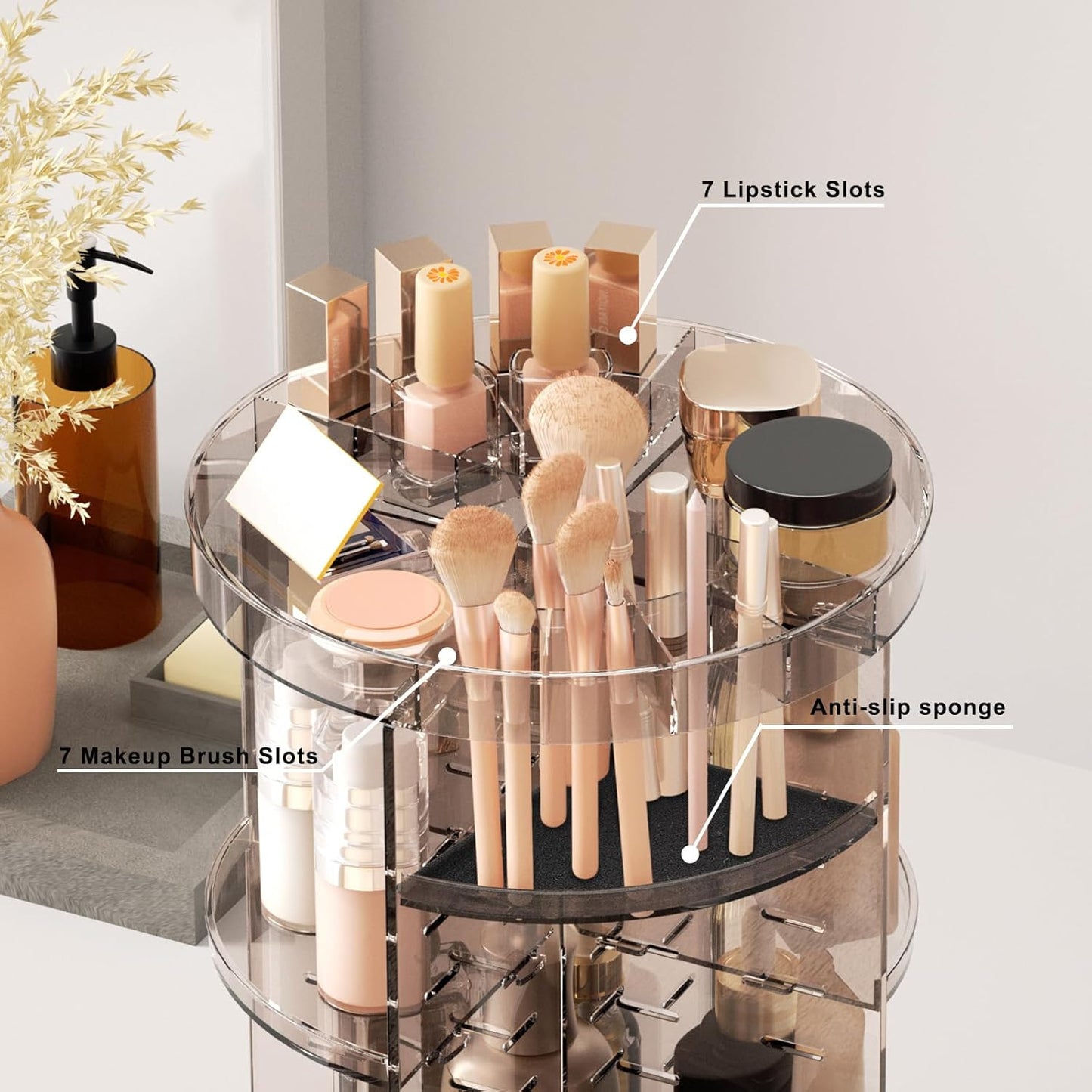 360 Rotating Makeup Organizer with Lipstick Slots, DIY 8 Adjustable Height Spinn