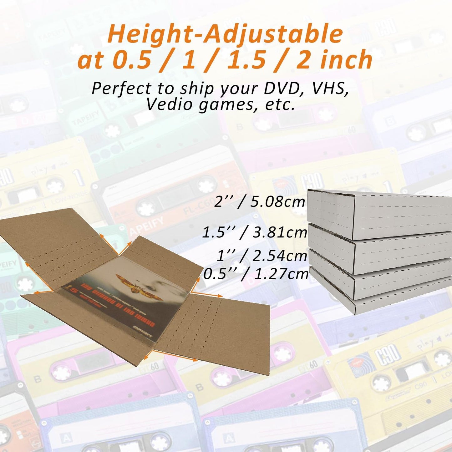 50 Pack DVD Box Mailers, 7.5 X 5.5 X 2" Corrugated Easy-Fold Mailers, Height Adj
