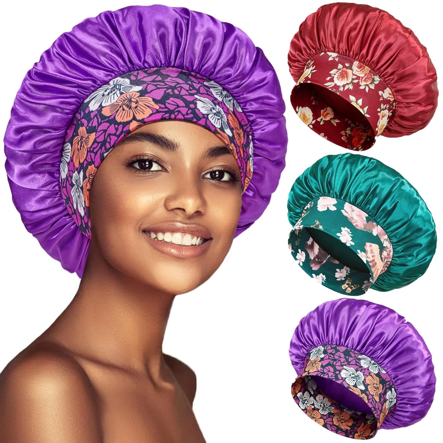 3 Pack Satin Bonnet Silk Hair Bonnet for Sleeping, Sleep Bonnets for Women Large