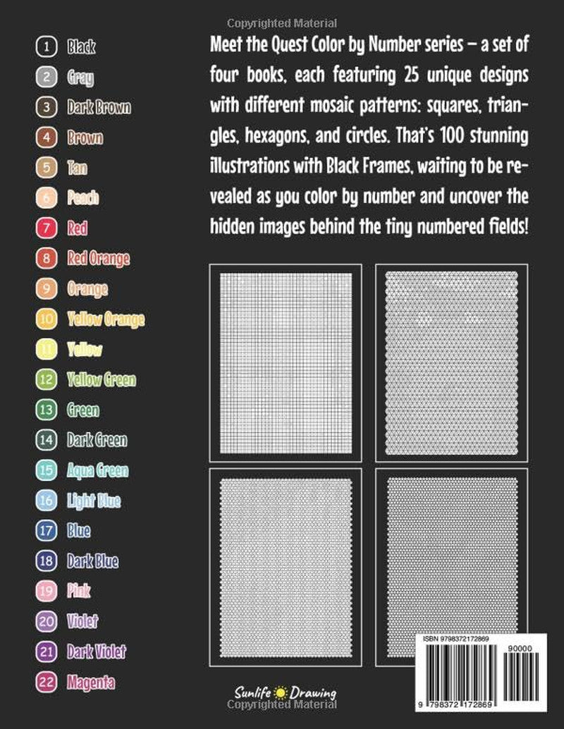 100 QUEST Color by Number: Squares + Triangles + Hexagons + Circles (BLACK Backg
