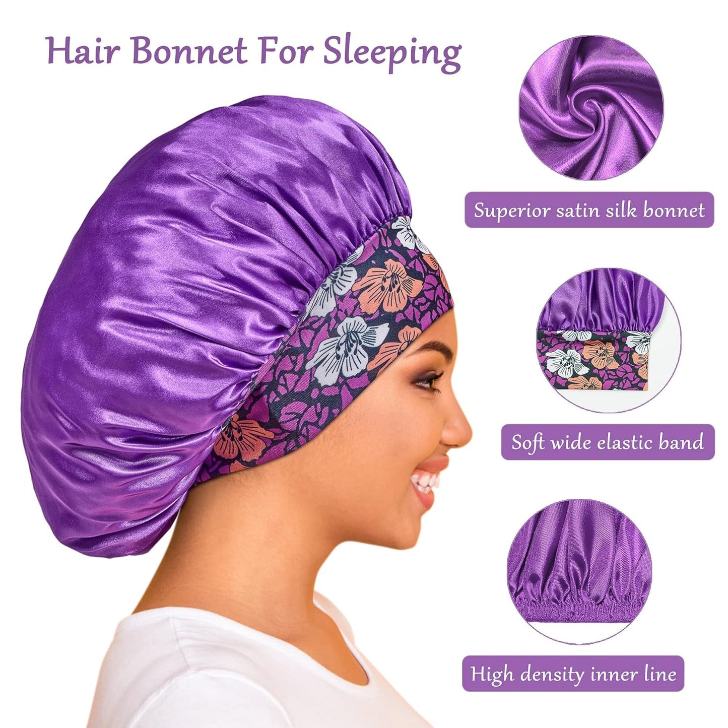 3 Pack Satin Bonnet Silk Hair Bonnet for Sleeping, Sleep Bonnets for Women Large