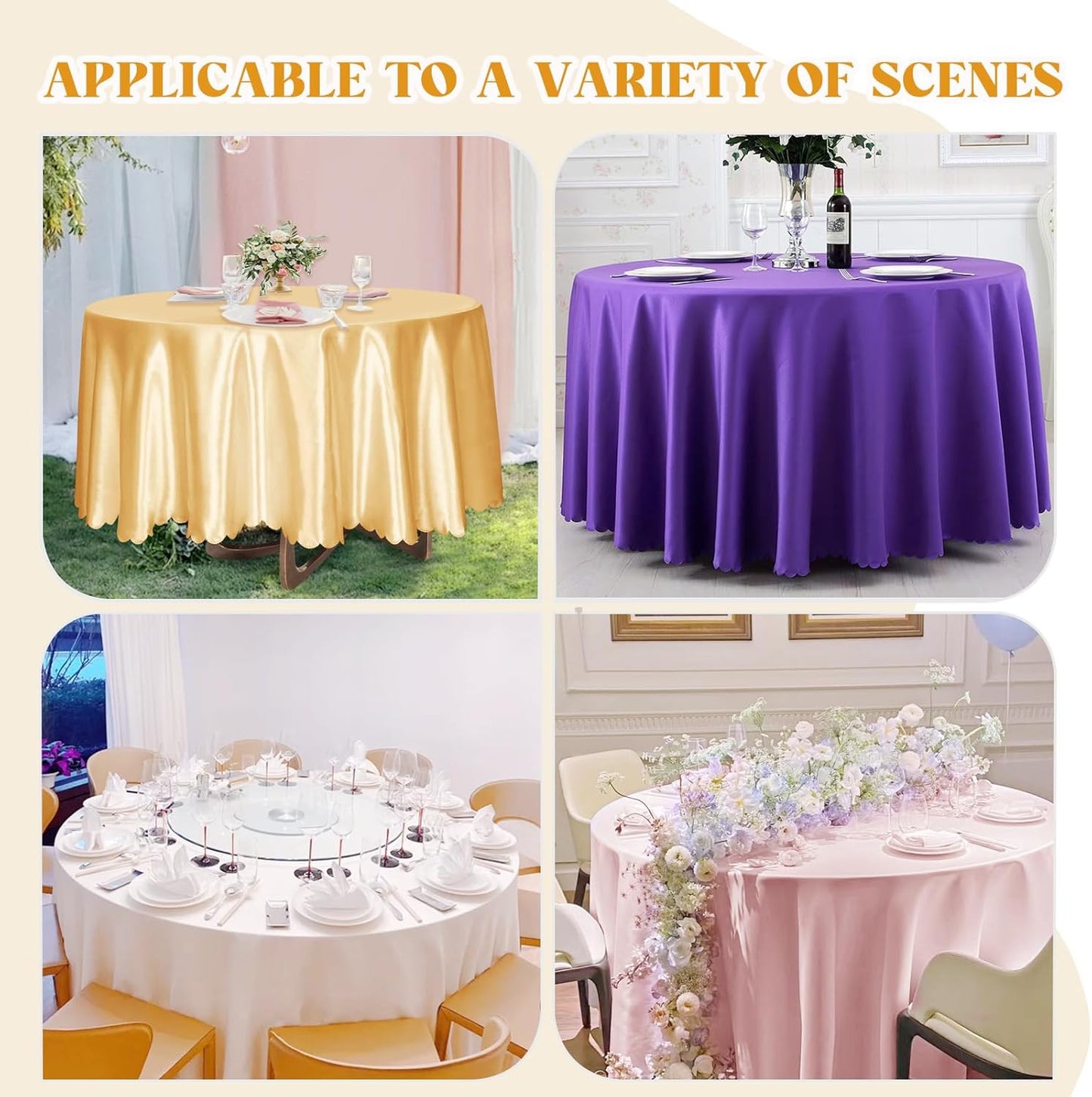 1 Pack 90 Inch / 7.5 Ft round Tablecloth, Light Gold Satin Table Cloth for 30-72