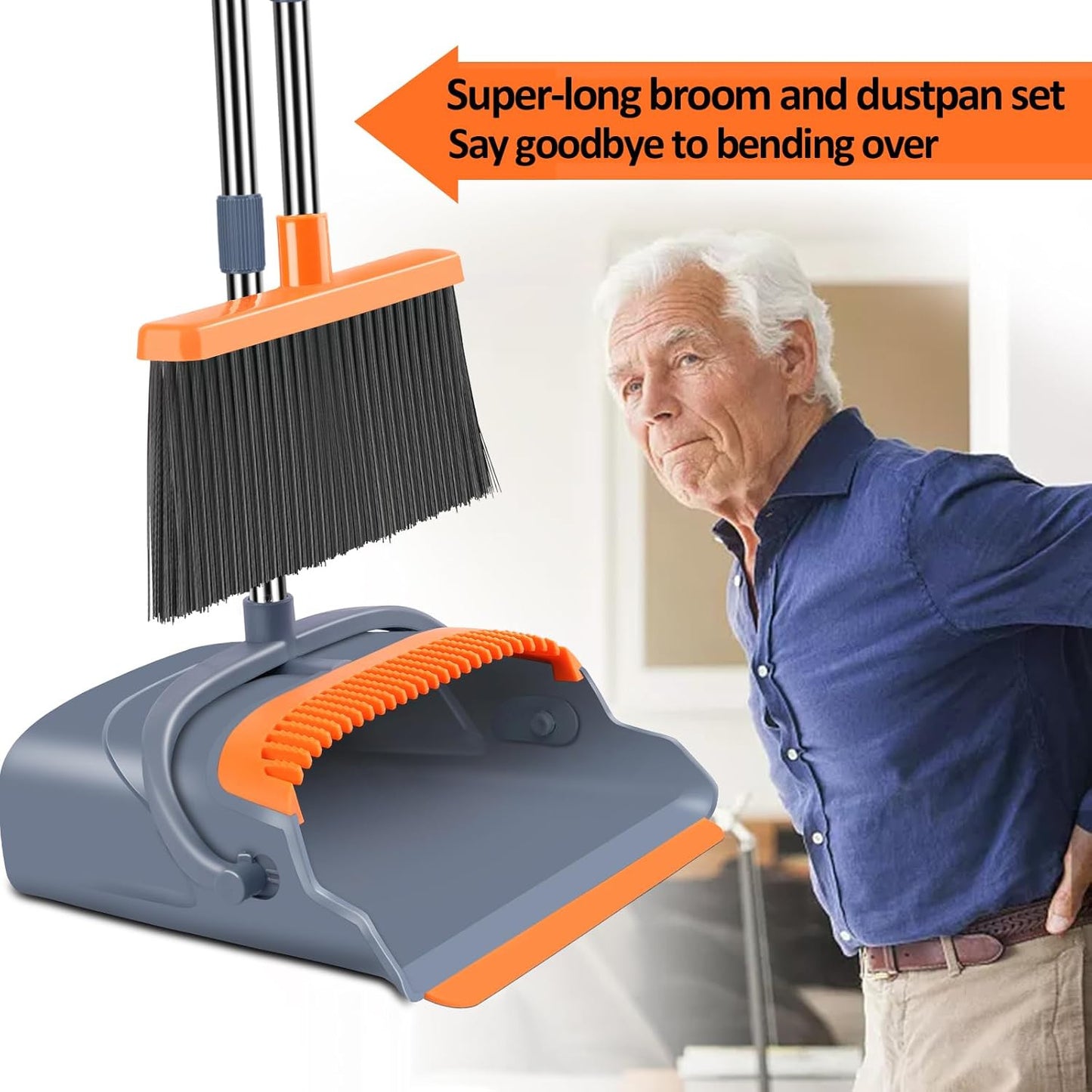 Upgrade Broom and Dustpan Set, Self-Cleaning with Dustpan Teeth, Indoor&Outdoor