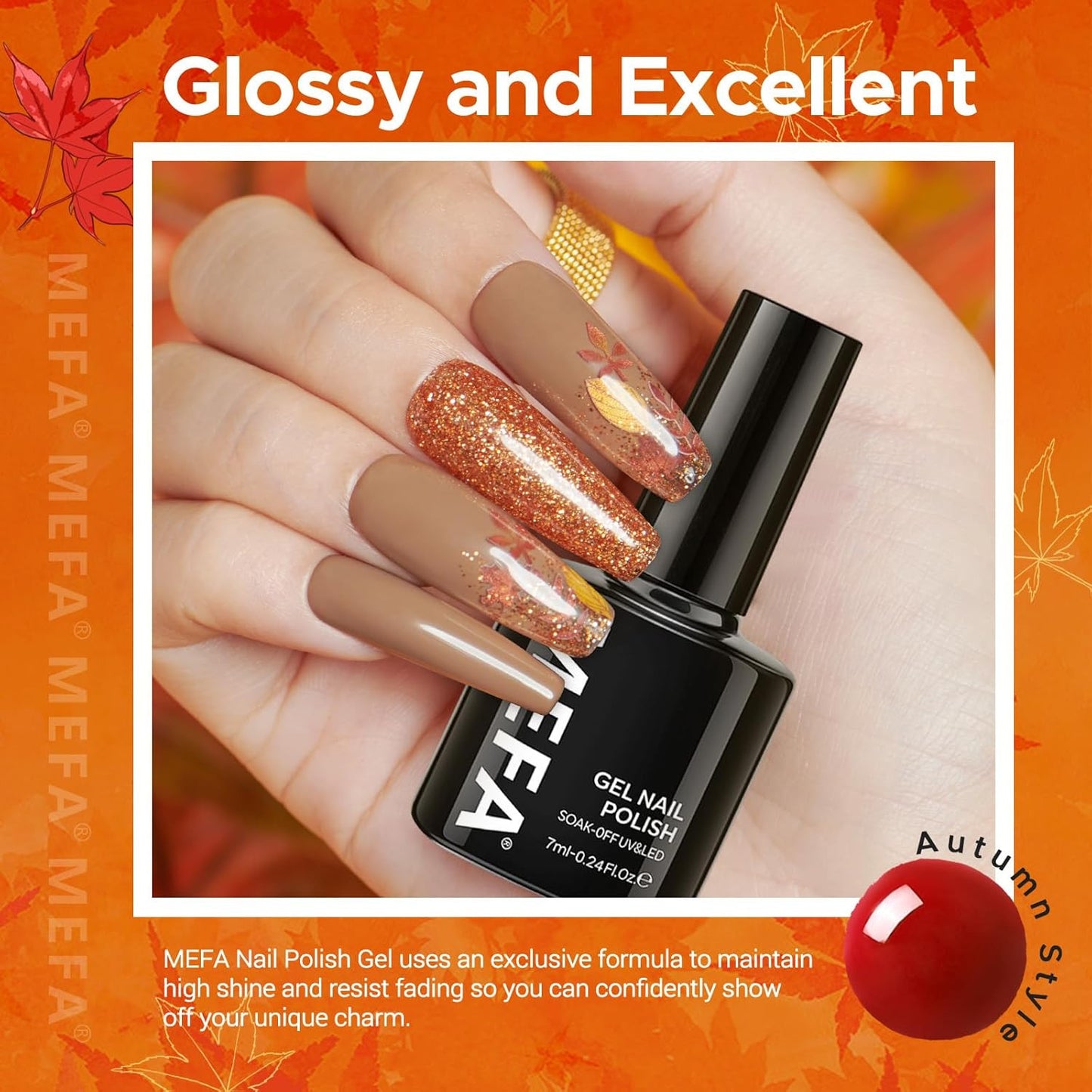 6 Colors Fall Gel Nail Polish Set, Shades Orange Red Brown Glitter Yellow Soak o