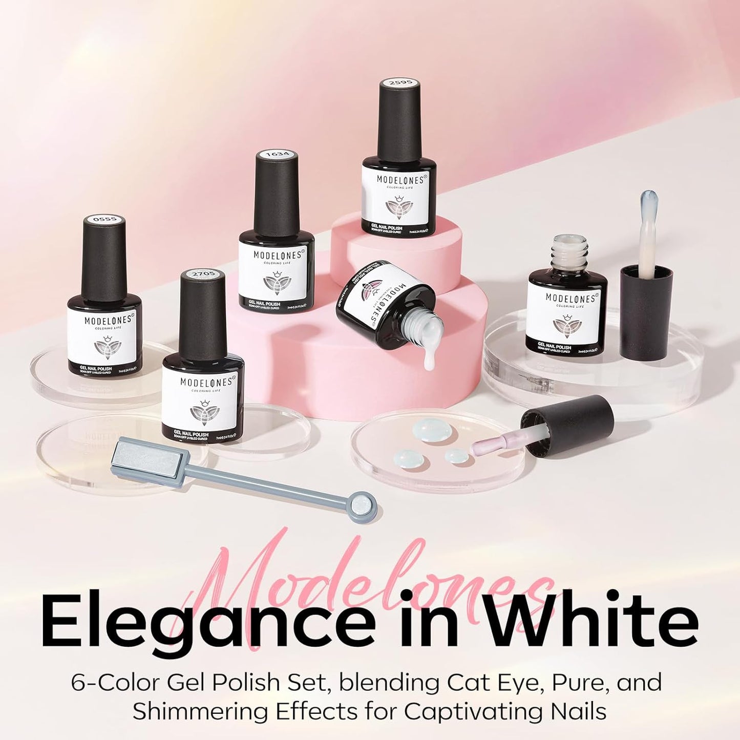 White Gel Nail Polish, 6 Colors Milky White Cat Eye Gel Polish Set with Magnet N