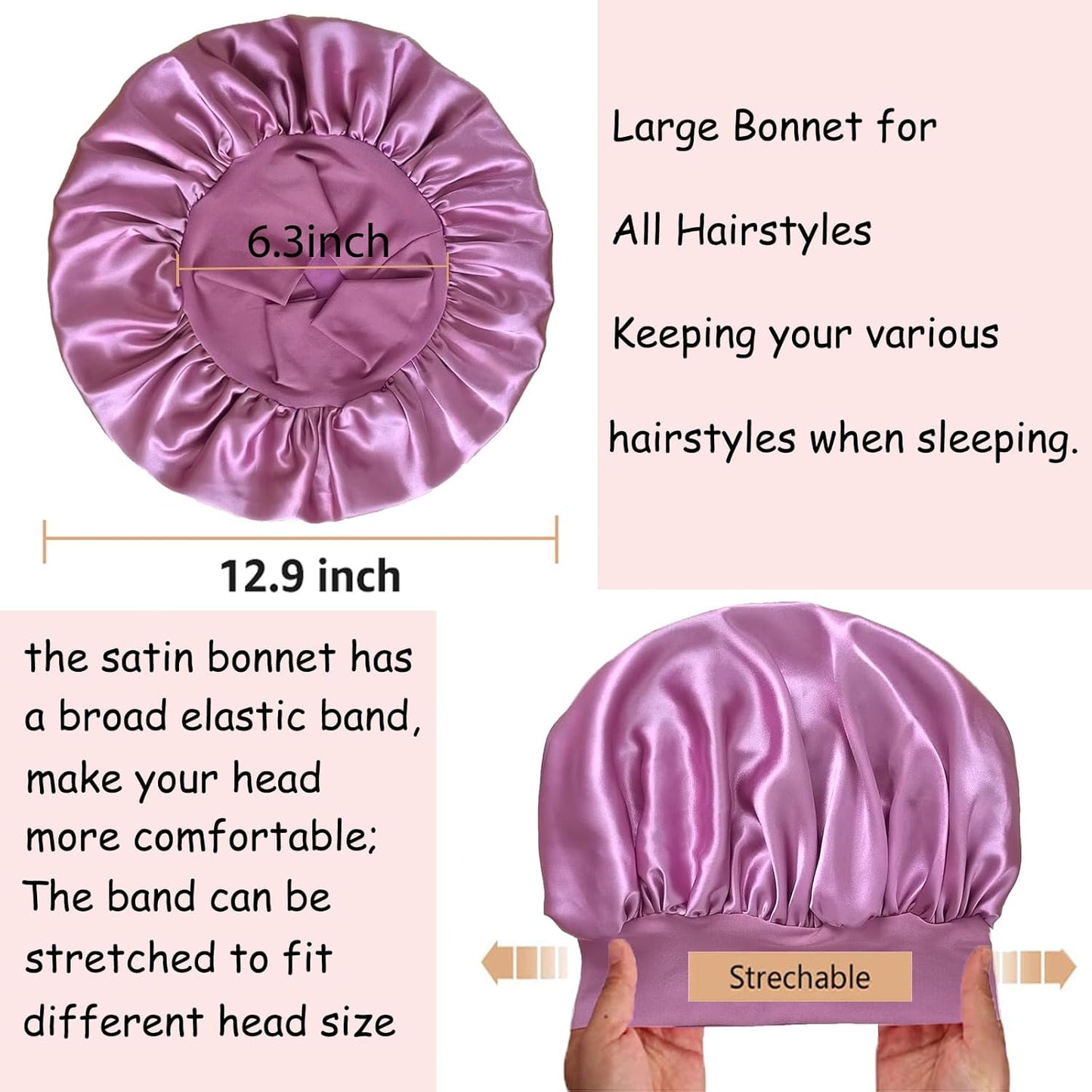 3 Pack Satin Bonnet Silk Hair Bonnet for Sleeping, Sleep Bonnets for Women Large