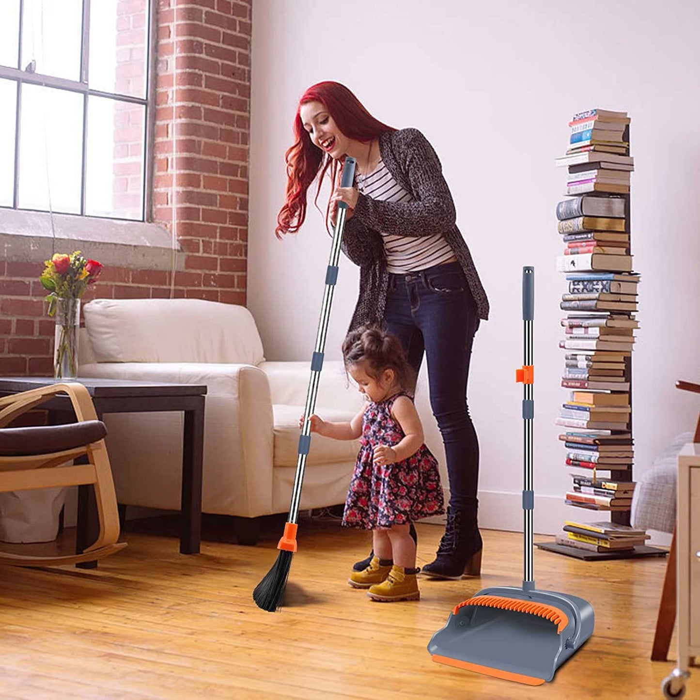 Upgrade Broom and Dustpan Set, Self-Cleaning with Dustpan Teeth, Indoor&Outdoor