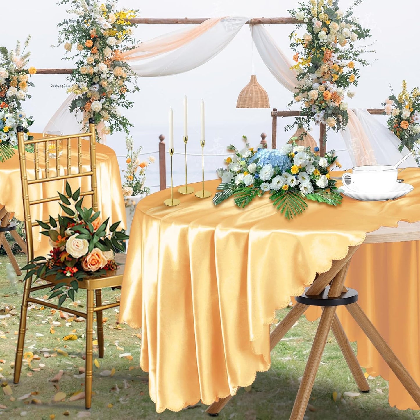 10 Pack 90 Inch Gold round Satin Tablecloths round Satin Table Cloths, Overlay S
