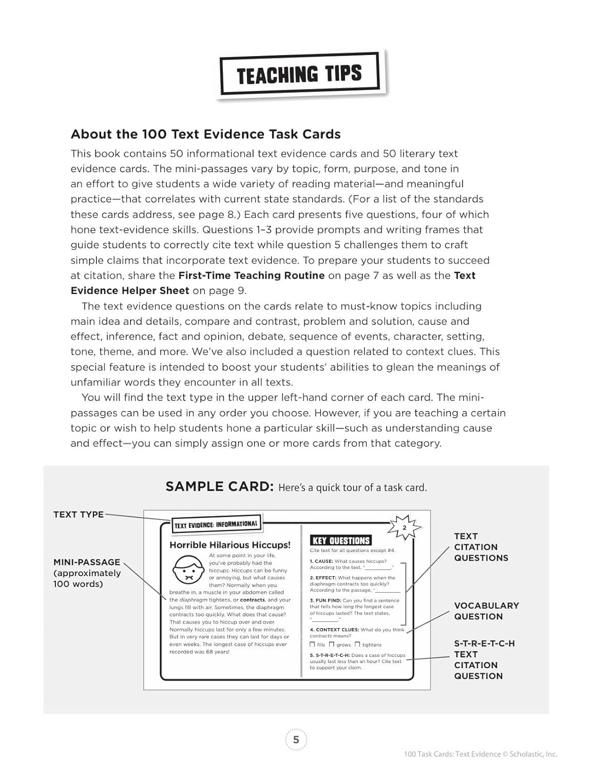 100 Task Cards: Text Evidence: Reproducible Mini-Passages with Key Questions to