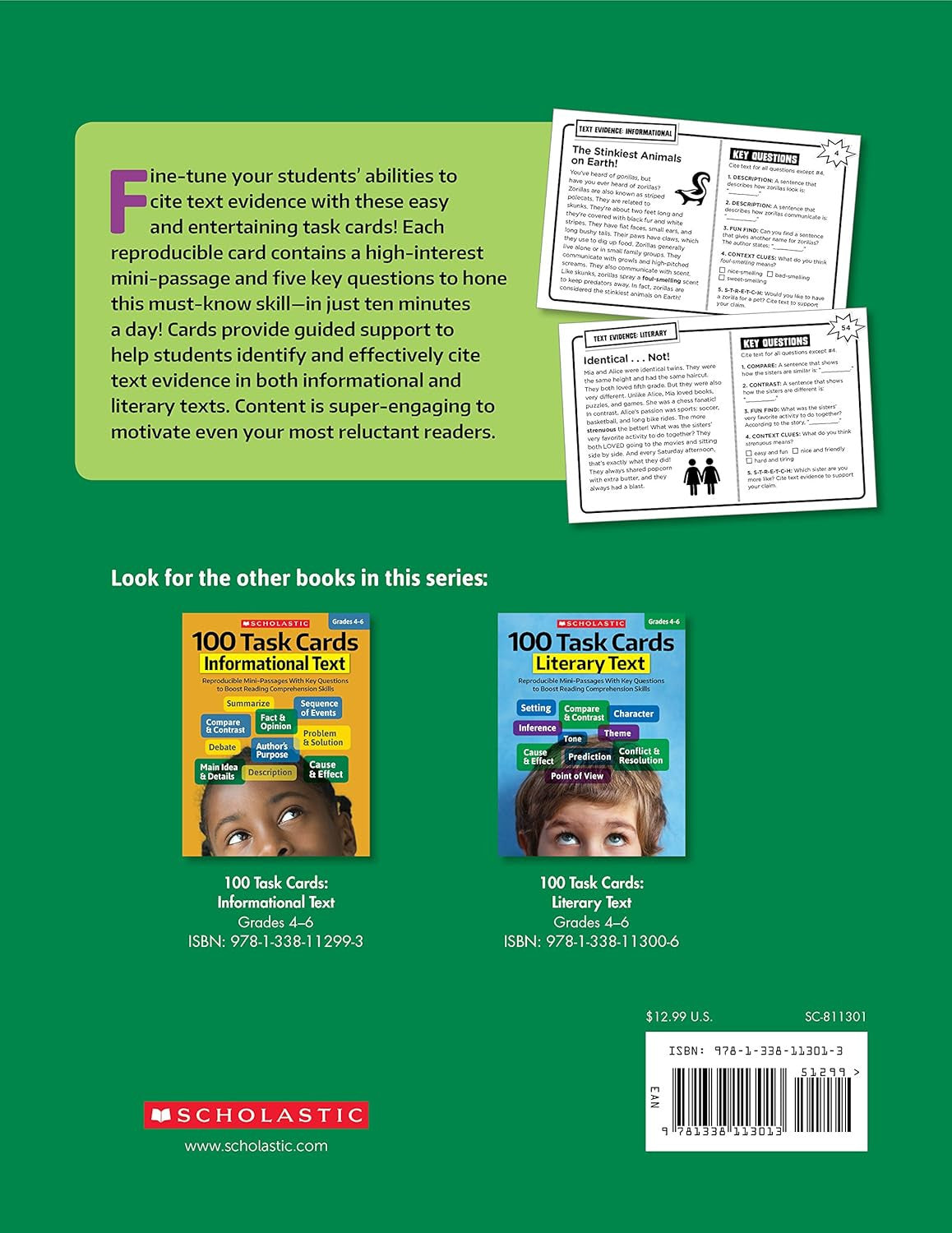 100 Task Cards: Text Evidence: Reproducible Mini-Passages with Key Questions to
