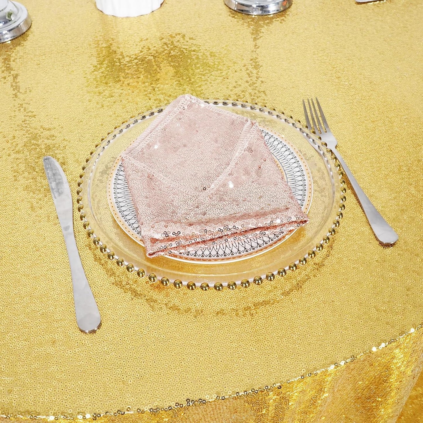 120" round Sequin Tablecloth, Thick Not See through Gold Table Cloth for Wedding