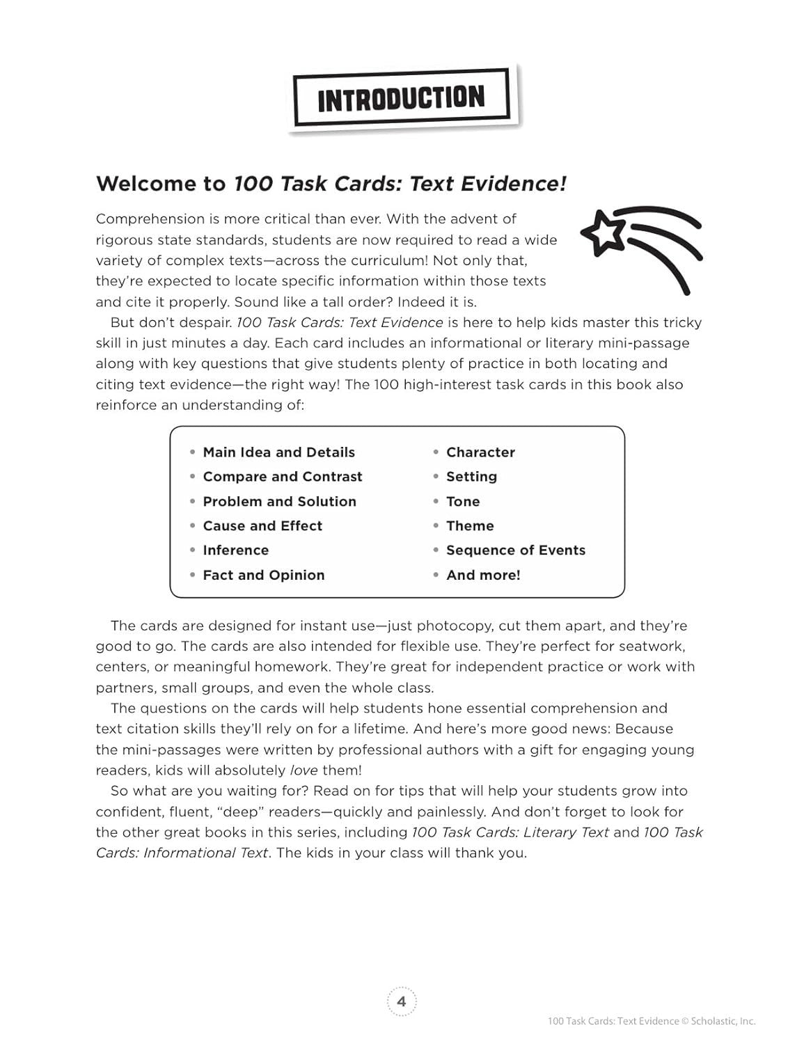 100 Task Cards: Text Evidence: Reproducible Mini-Passages with Key Questions to