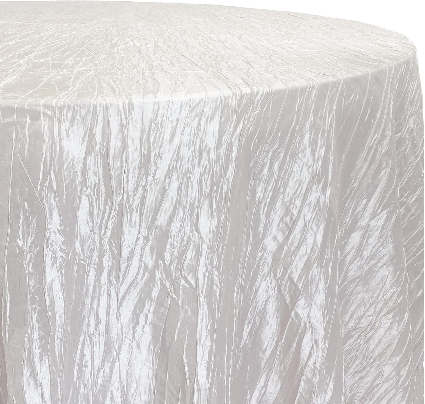 - 120 Inch round Crinkle Taffeta Tablecloth - White, Crushed Shiny Dining Table
