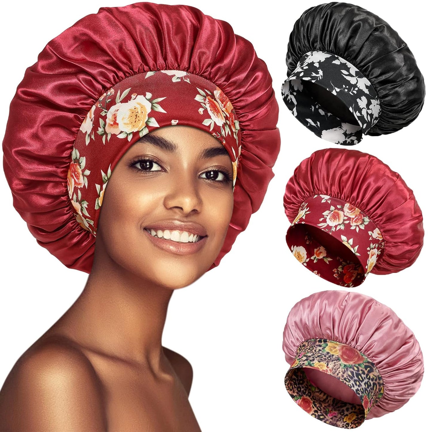 3 Pack Satin Bonnet Silk Hair Bonnet for Sleeping, Sleep Bonnets for Women Large