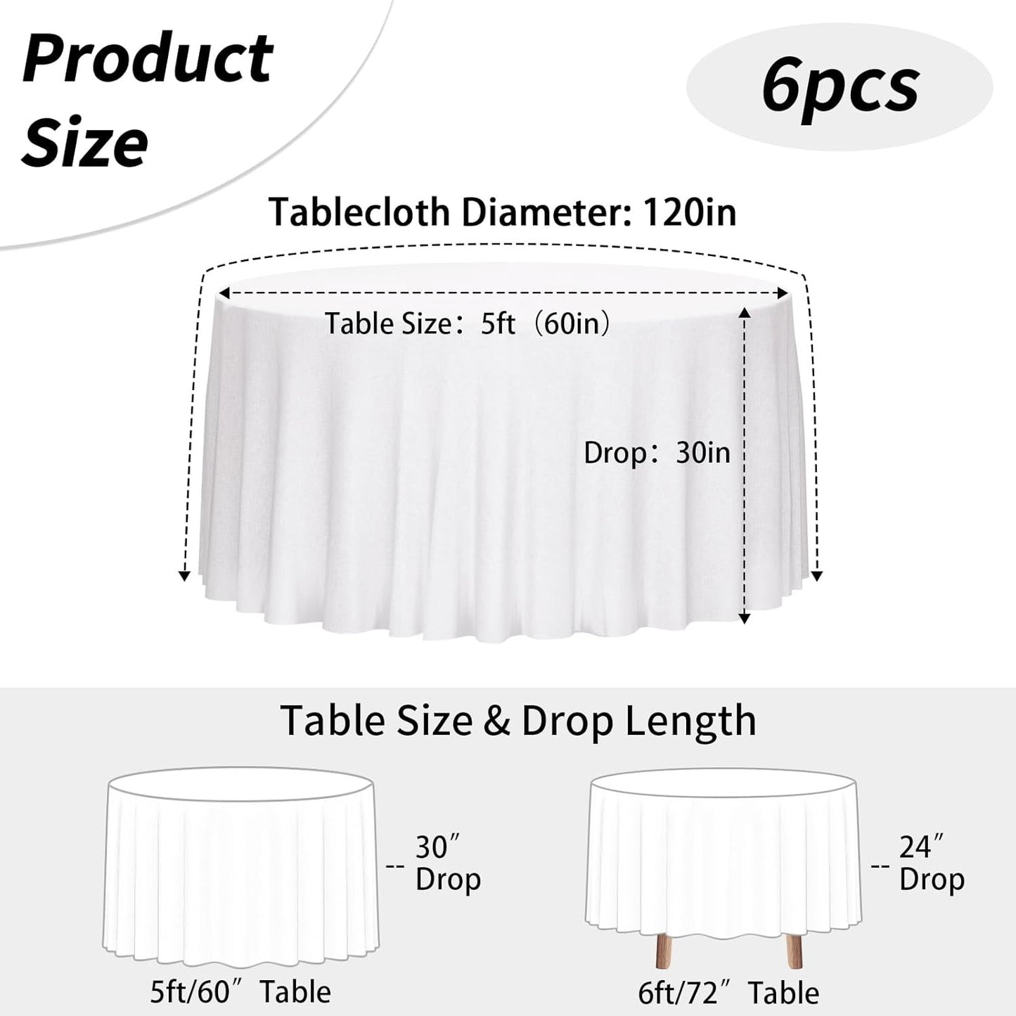 120 Inch White round Tablecloth, 6 Pack round Table Cloth Polyester Fabric Washa