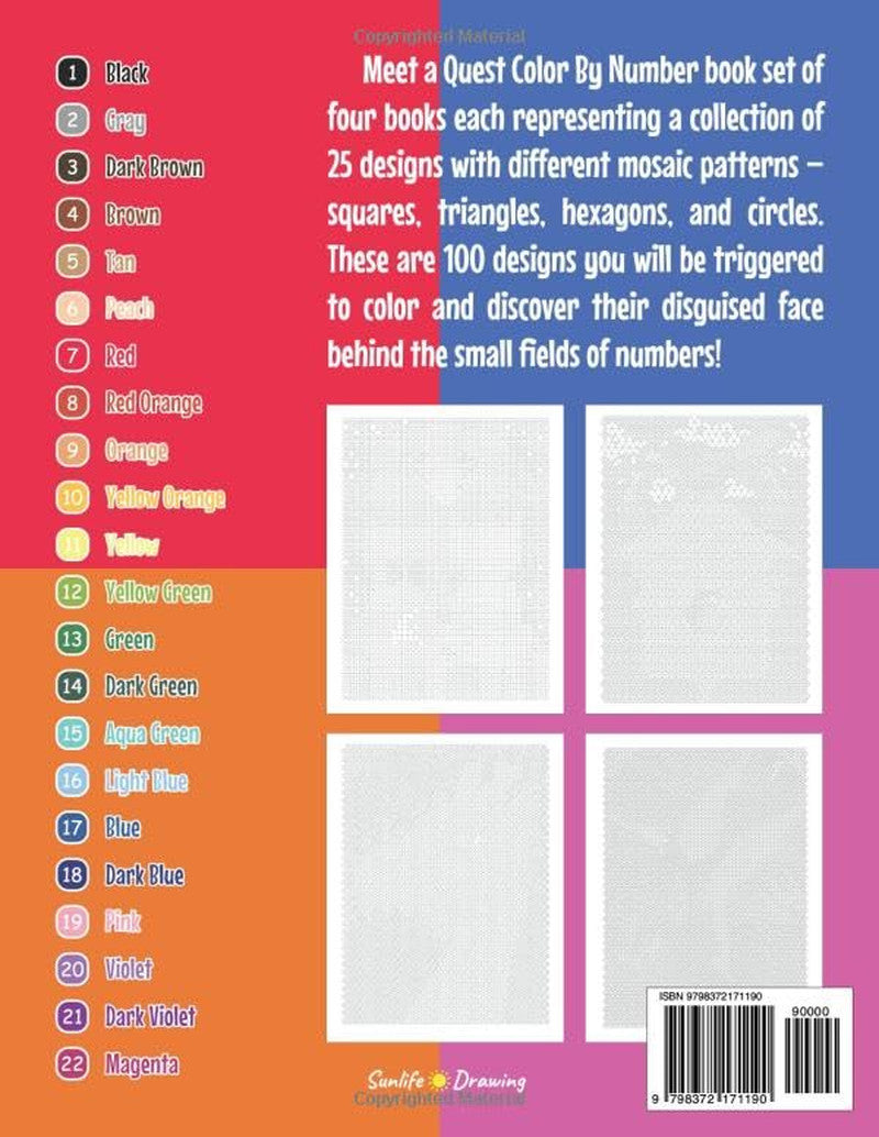 100 QUEST Color by Number: Squares + Triangles + Hexagons + Circles: Color Quest