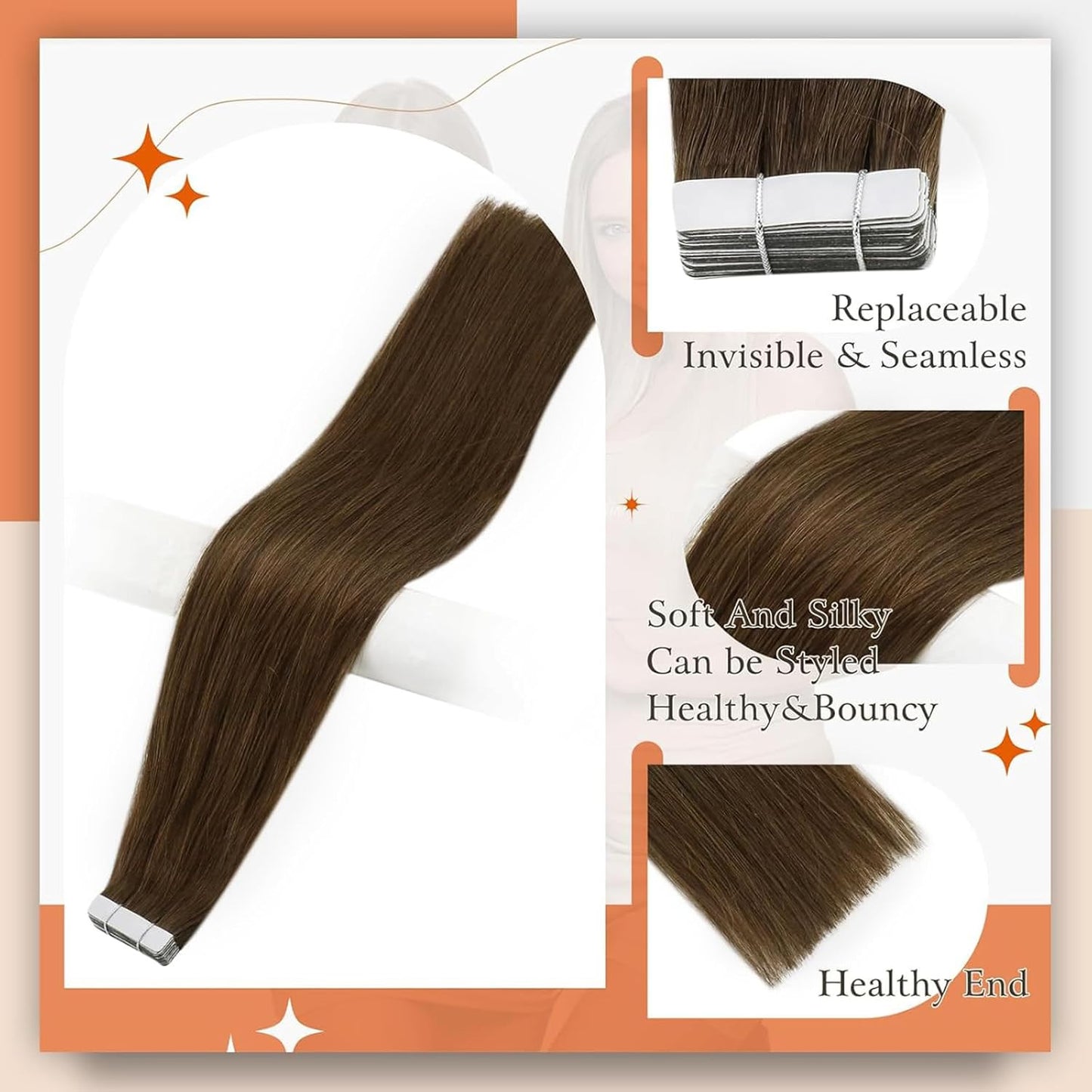 16 Inch Tape in Human Hair Extensions Medium Brown Color 4 Invisible Tape in Hai