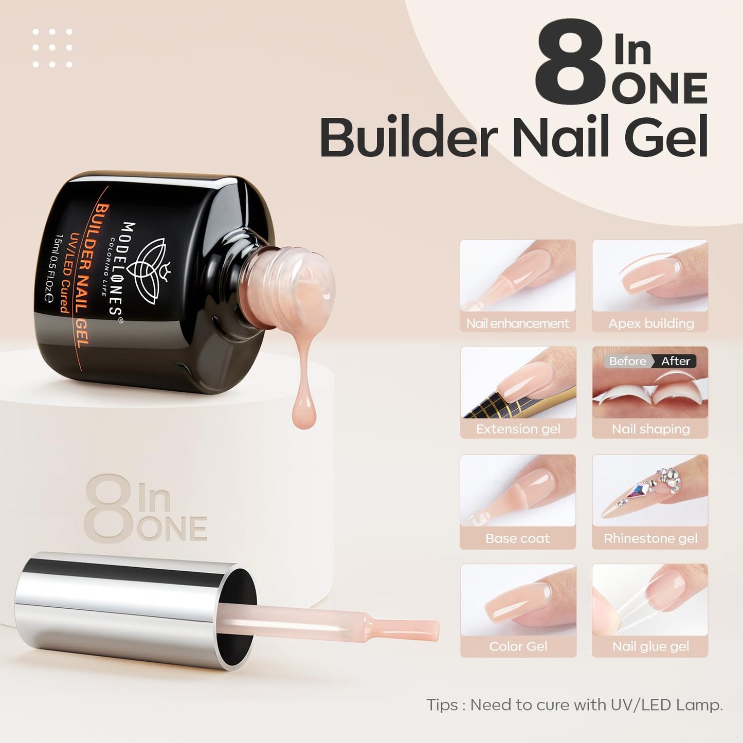 8-In-One Builder Nail Gel, Neutral Nude Builder for Thickening, LED Lamp Cured H