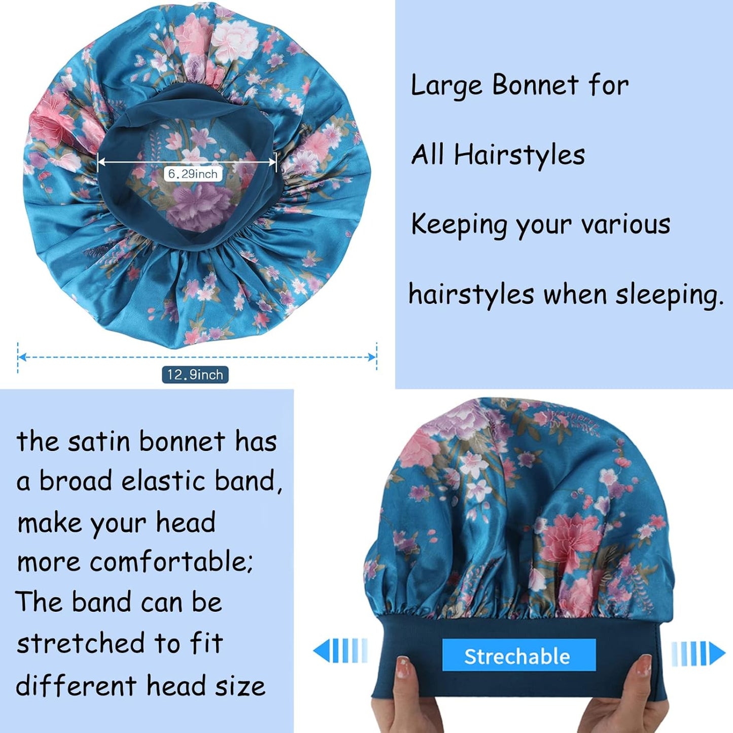 3 Pack Satin Bonnet Silk Hair Bonnet for Sleeping, Sleep Bonnets for Women Large