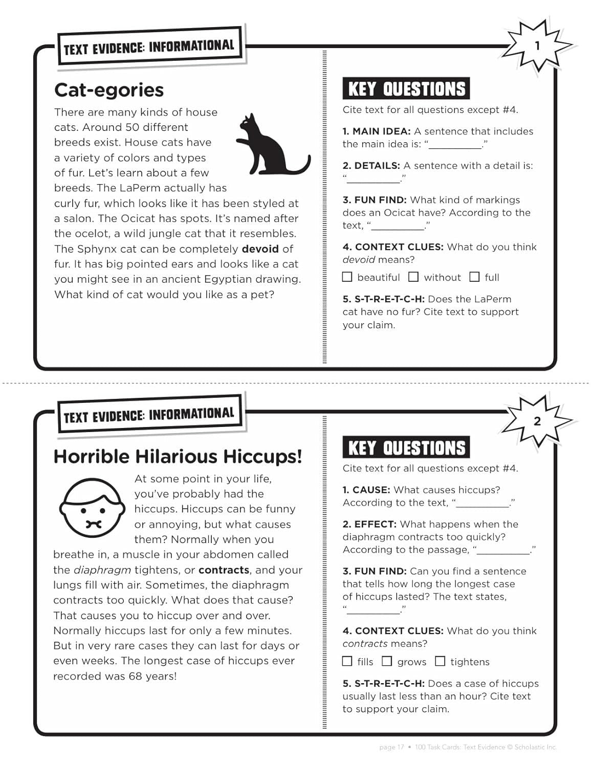 100 Task Cards: Text Evidence: Reproducible Mini-Passages with Key Questions to