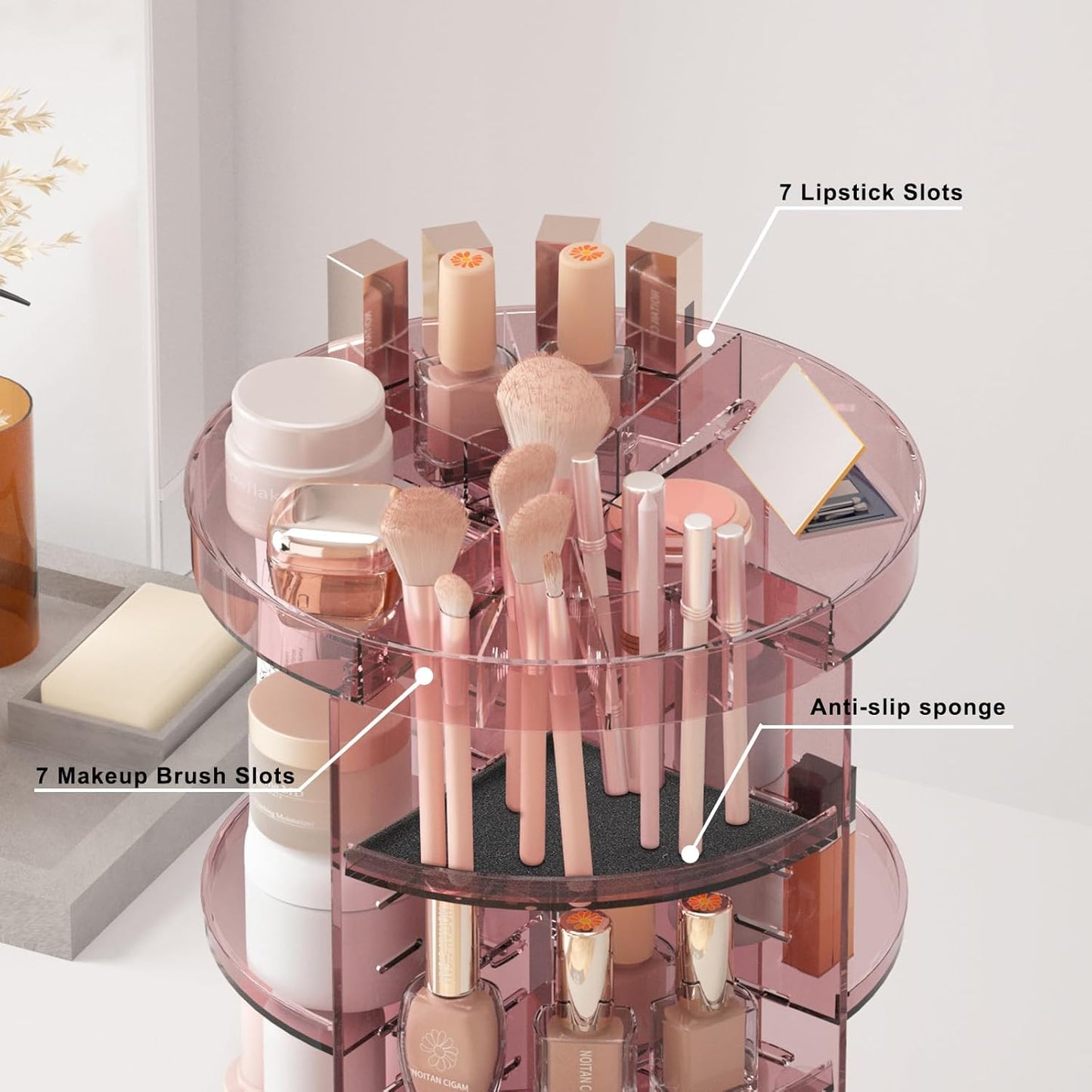 360 Rotating Makeup Organizer with Lipstick Slots, 8 Adjustable Layers Spinning