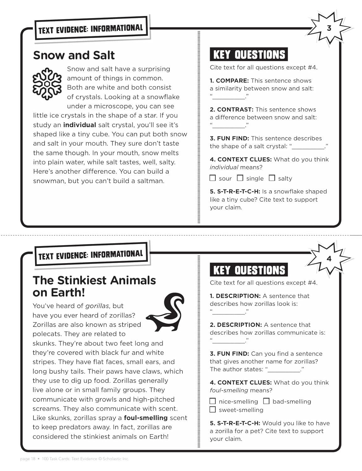100 Task Cards: Text Evidence: Reproducible Mini-Passages with Key Questions to