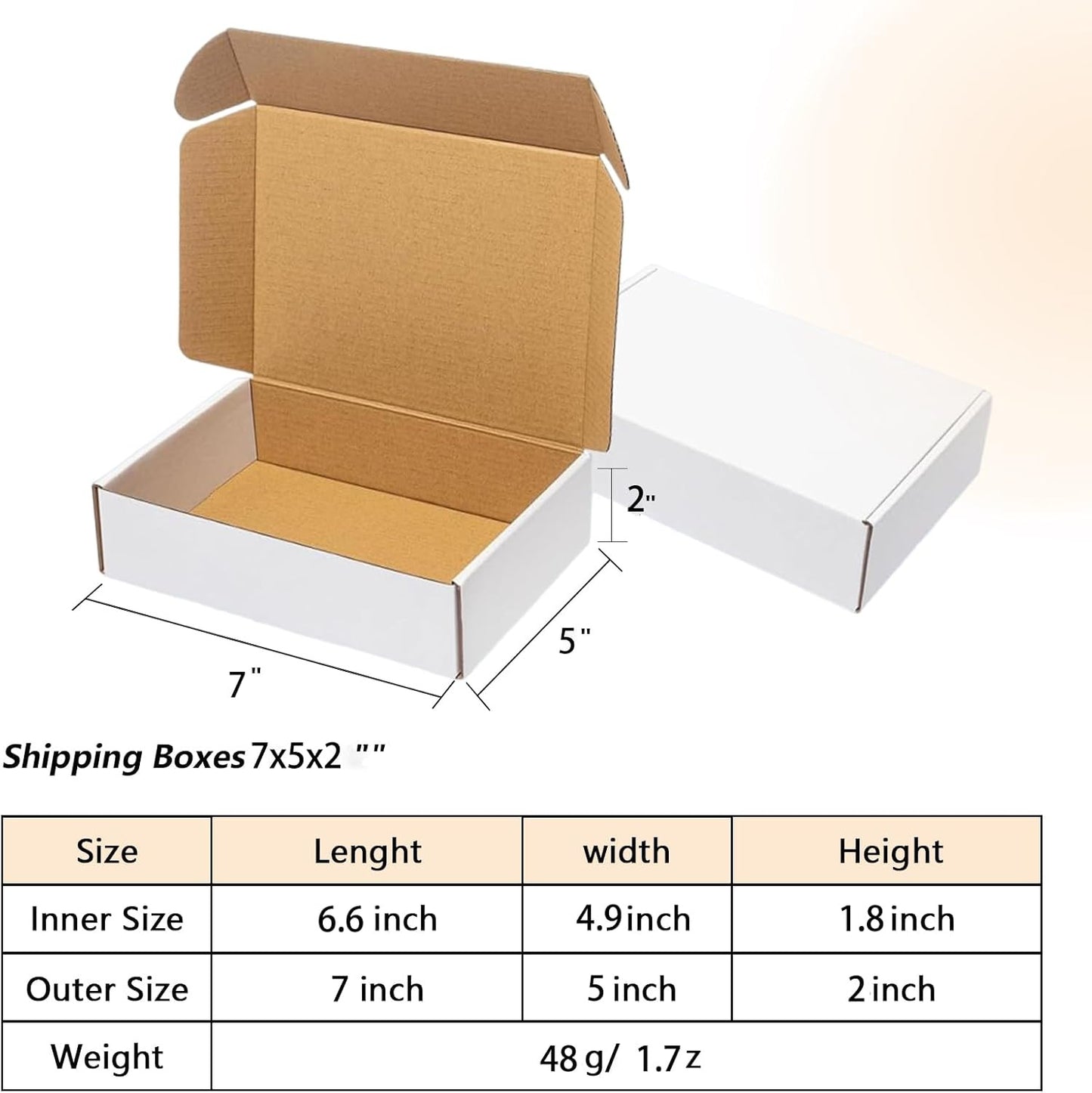 50 Pack 7X5X2 Small Shipping Boxes, White Corrugated Cardboard Packaging Box for