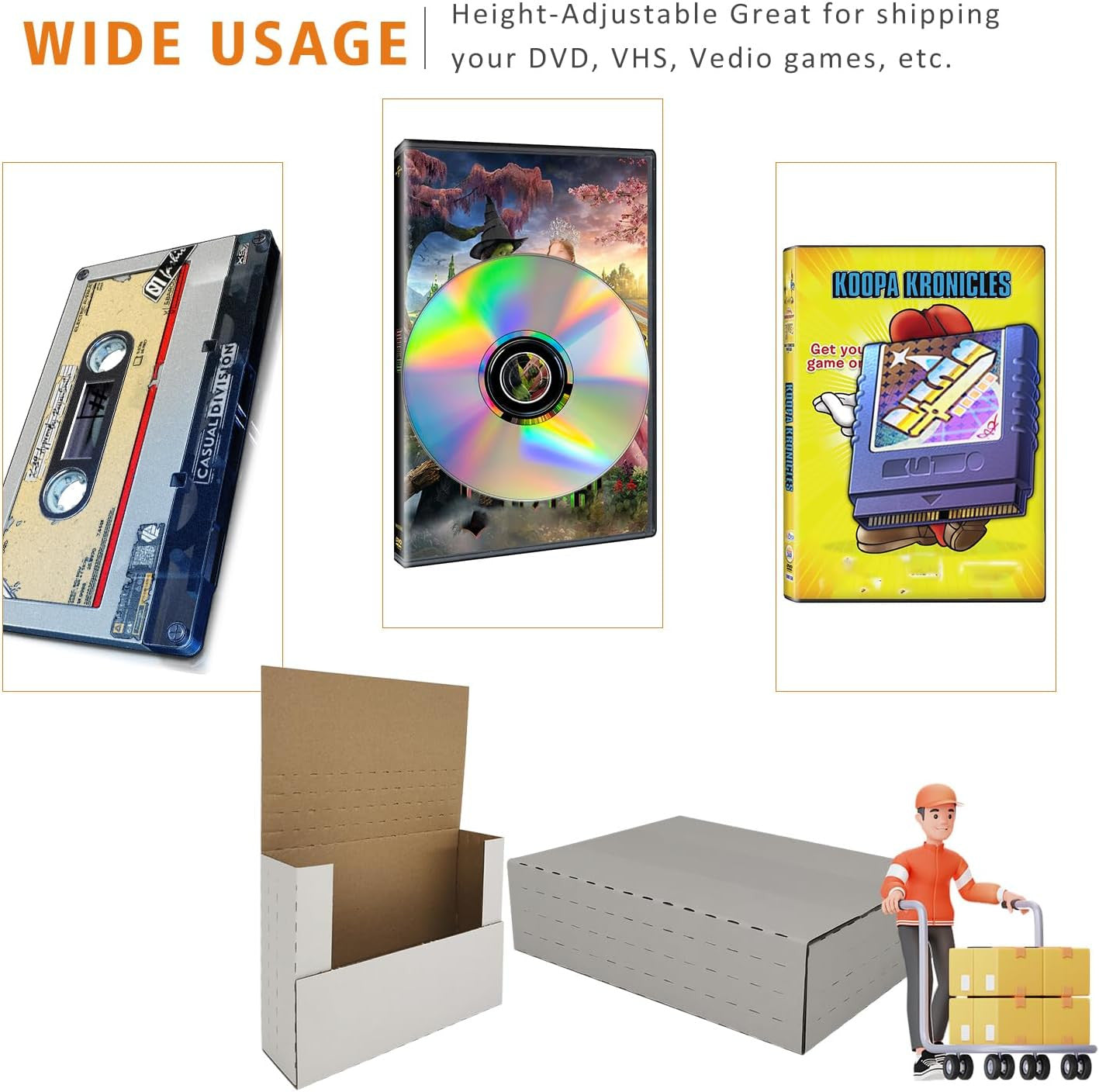 50 Pack DVD Box Mailers, 7.5 X 5.5 X 2" Corrugated Easy-Fold Mailers, Height Adj