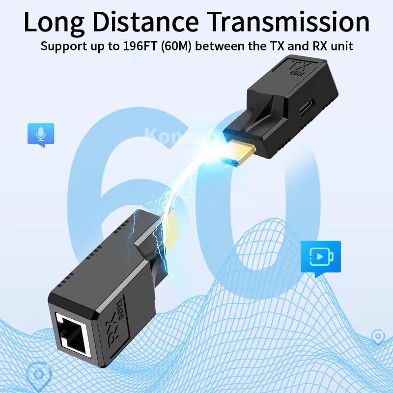 196FT HDMI Extender Over Single Ethernet Cat5e/6 Cable, Support Audio Video UHD 1080P@60Hz, HDMI Male to Male RJ45 Network LAN Extender 60M Converter Repeater, for HDTV, PC, PS3/4, Projector, Monitor