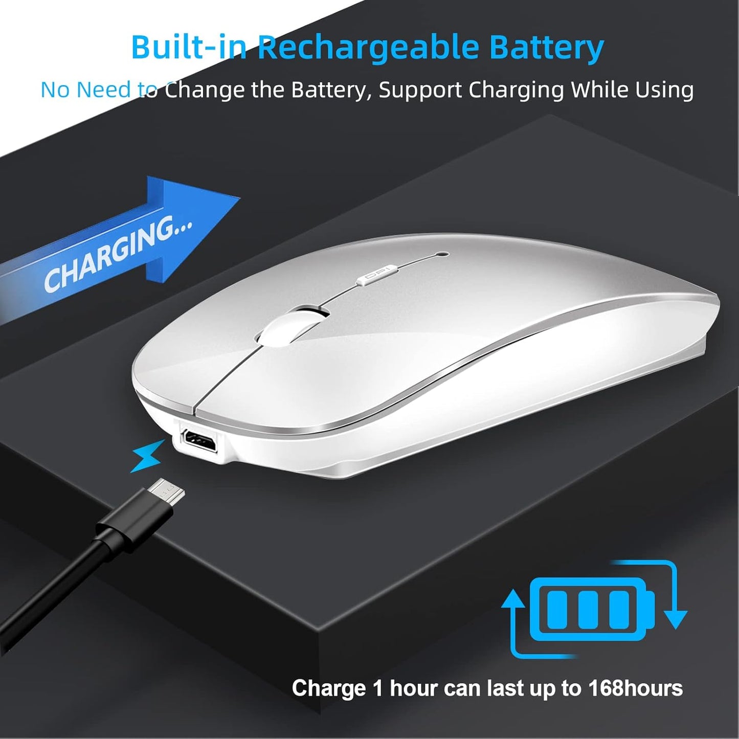 Wireless Mouse for Laptop, Bluetooth Mouse for MacBook Pro/Air/Mac/iPad/Chromebook/Computer -Rechargeale Dual Mode(USB 2.4Ghz + Bluetooth 5.2) Silent Cordless Mice with USB C Adapter,Silver