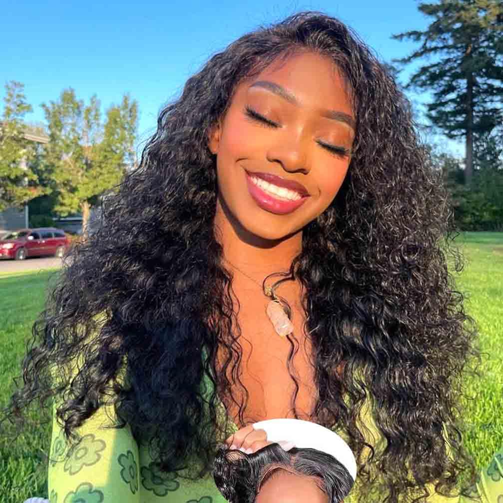 13x4 Lace Front Wigs Human Hair Pre Plucked 180 Density Brazilian Wet and Wavy Human Hair Wigs for Black Women Glueless Curly Lace Frontal Wig Natural Color (22 Inch)