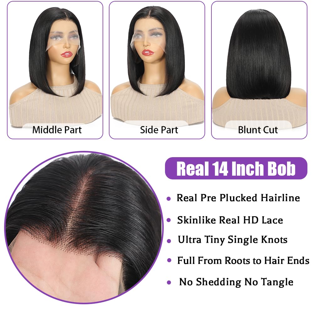 14 Inch Bob Wig Human Hair 13x6 Hd Transparent Lace Front Wigs Human Hair Pre Plucked Glueless Bob Wig 180% Density Short Straight Bob Wigs For Women