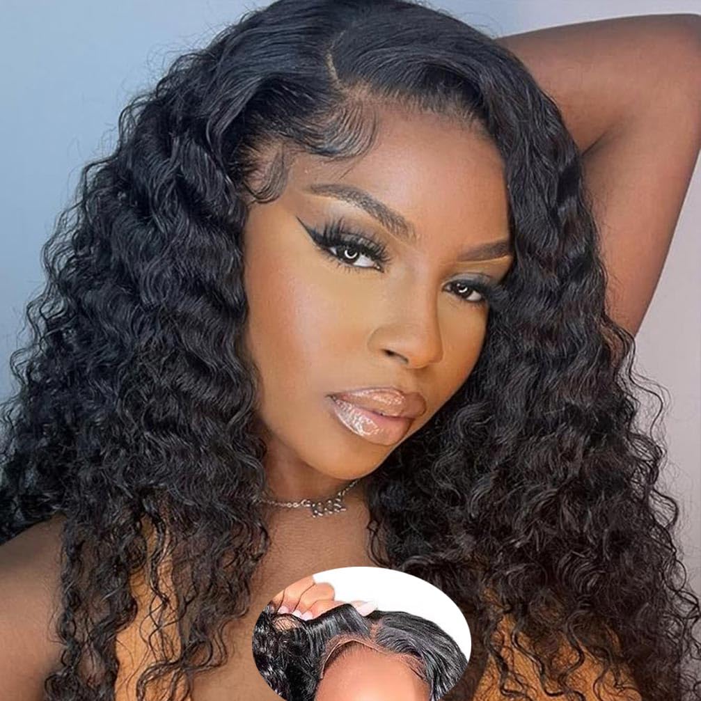 13x4 Lace Front Wigs Human Hair Pre Plucked 180 Density Brazilian Wet and Wavy Human Hair Wigs for Black Women Glueless Curly Lace Frontal Wig Natural Color (22 Inch)