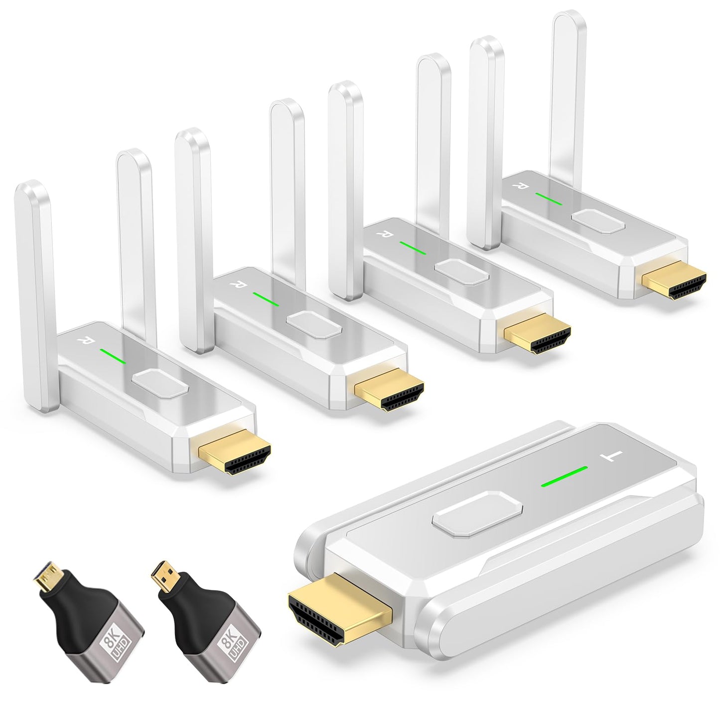 Wireless HDMI Transmitter and 4 Receivers 500FT/150M, 2.4G+5G Plug & Play Portable Wireless HDMI Splitter 1 to Multiple Screens for Video & Audio to Monitor from Laptop/PC/TV Box/Projector (1TX+4RX)