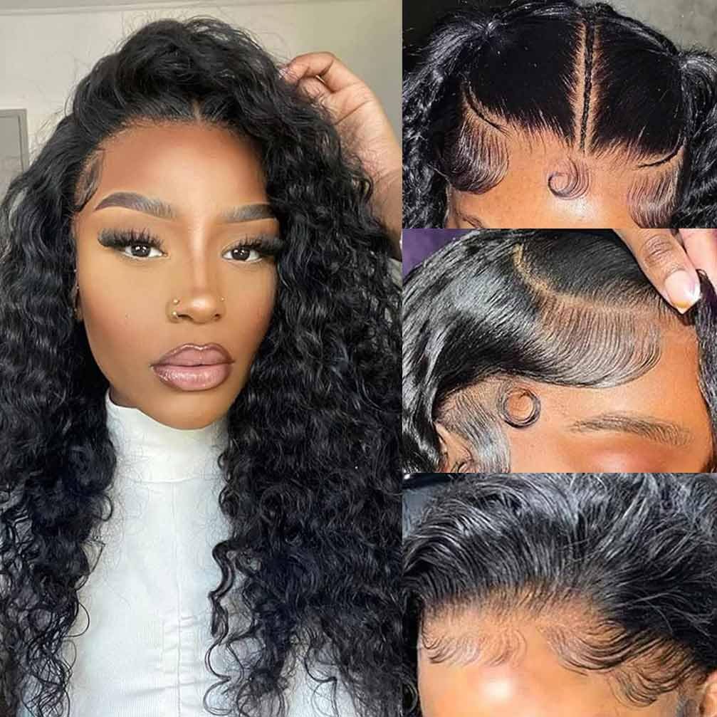 13x4 Lace Front Wigs Human Hair Pre Plucked 180 Density Brazilian Wet and Wavy Human Hair Wigs for Black Women Glueless Curly Lace Frontal Wig Natural Color (22 Inch)