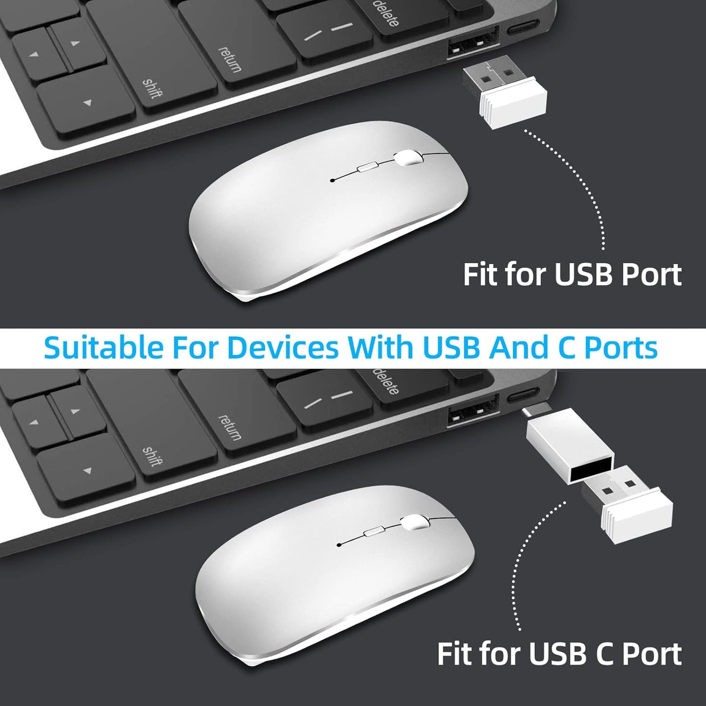Wireless Mouse for Laptop, Bluetooth Mouse for MacBook Pro/Air/Mac/iPad/Chromebook/Computer -Rechargeale Dual Mode(USB 2.4Ghz + Bluetooth 5.2) Silent Cordless Mice with USB C Adapter,Silver