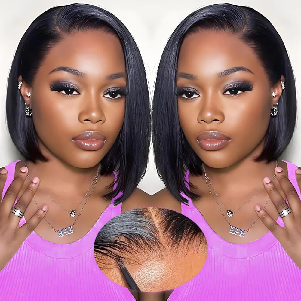 14 Inch Bob Wig Human Hair 13x6 Hd Transparent Lace Front Wigs Human Hair Pre Plucked Glueless Bob Wig 180% Density Short Straight Bob Wigs For Women