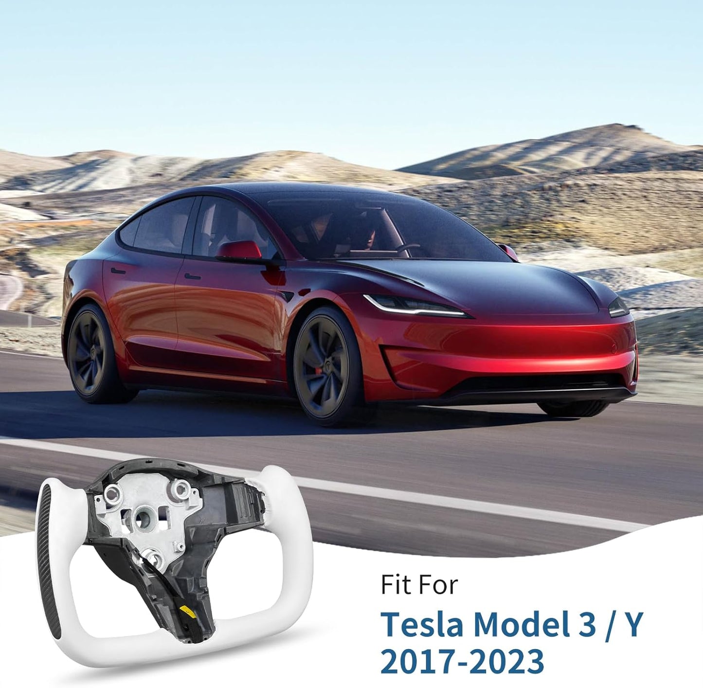 Yoke Steering Wheel, White Microfiber Leather with Side Carbon Fiber for Tesla Model 3/Y 2017-2023 with Heating Function