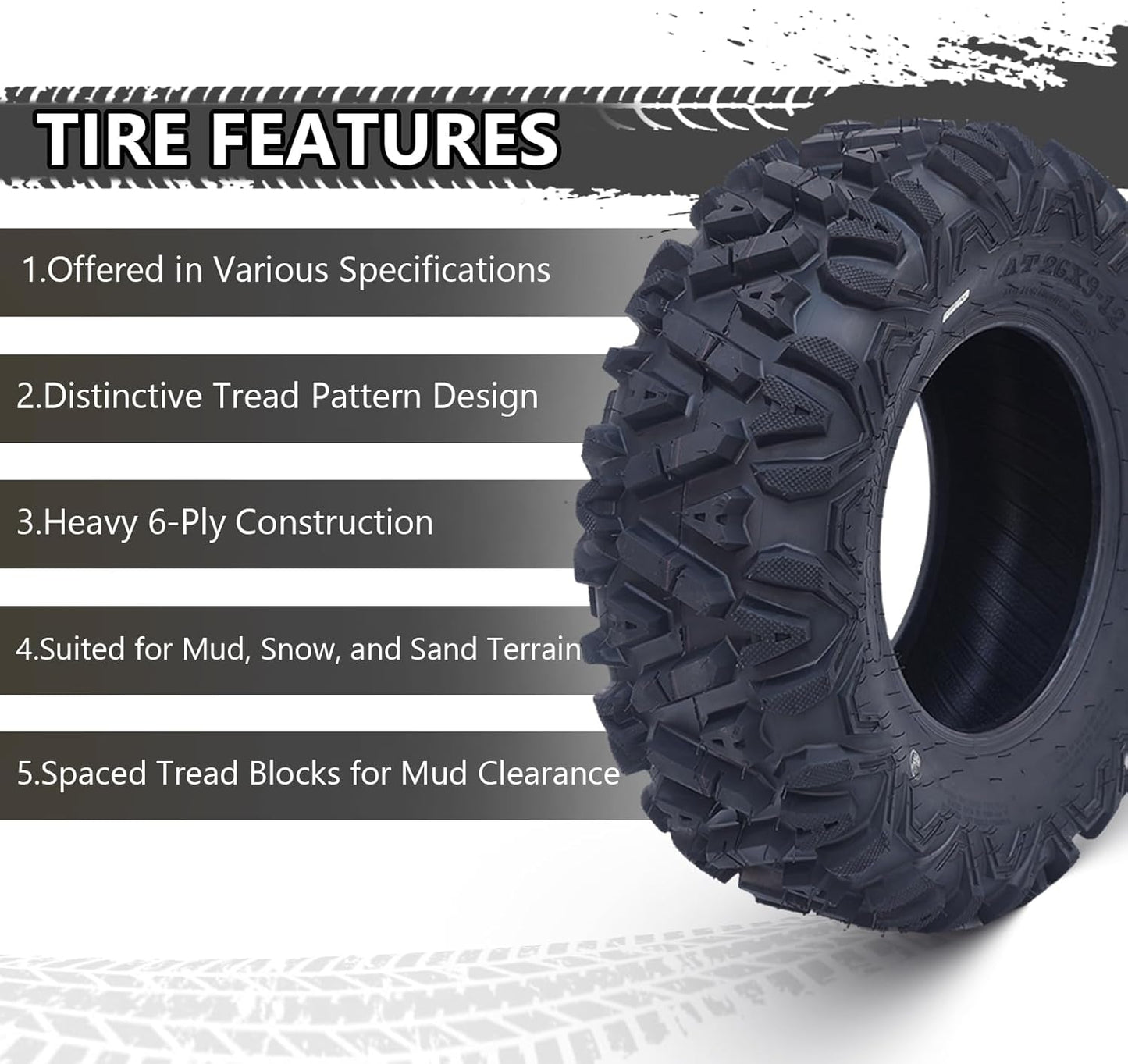 26X9-14 Atv Utv Off-Road Tires All Terrain, 6PR Front & Rear Mud Sand Snow Tubeless Tires - Pair of 2