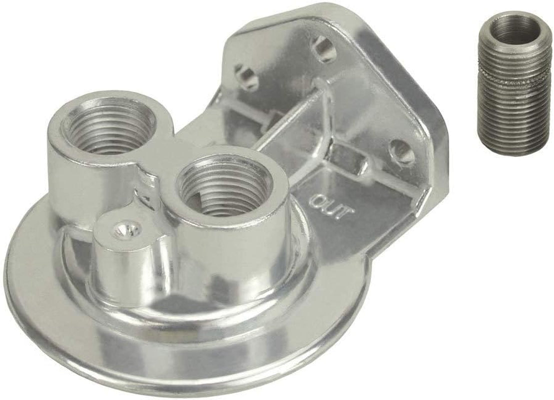 Oil Filter Mount, Ports Up, 1/2 in NPT Female Ports, 3/4-16 in Center Thread, Aluminum, Polished, Universal, Each