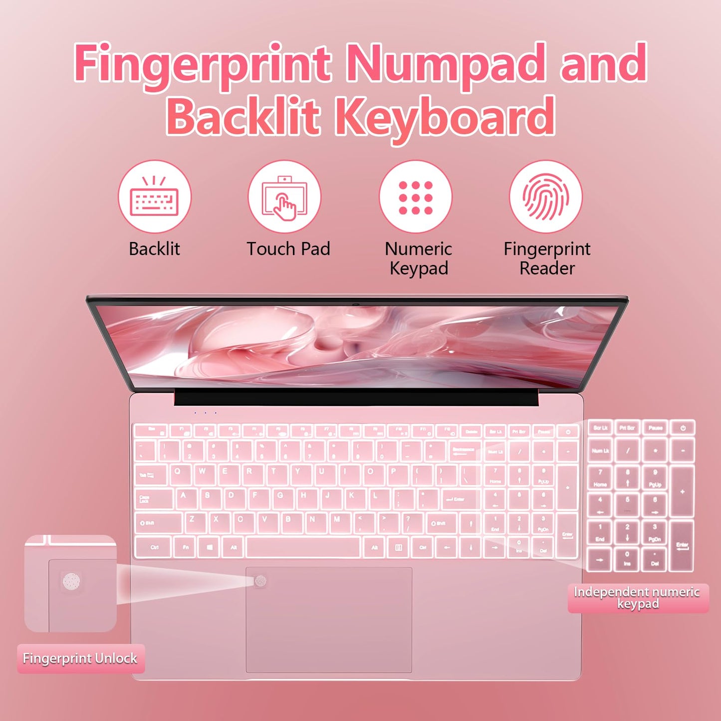 15.6" Student Laptop with Backlit Keyboard|16GB RAM 512GB SSD Laptop Computer|1920×1080 FHD Eye Protection Display|Fingerprint|38Wh Large Battery|180°Open Angle|WiFi|Webcam|BT 4.2|HDMI