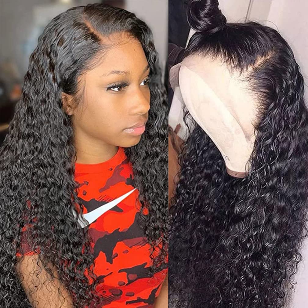 13x4 Lace Front Wigs Human Hair Pre Plucked 180 Density Brazilian Wet and Wavy Human Hair Wigs for Black Women Glueless Curly Lace Frontal Wig Natural Color (22 Inch)