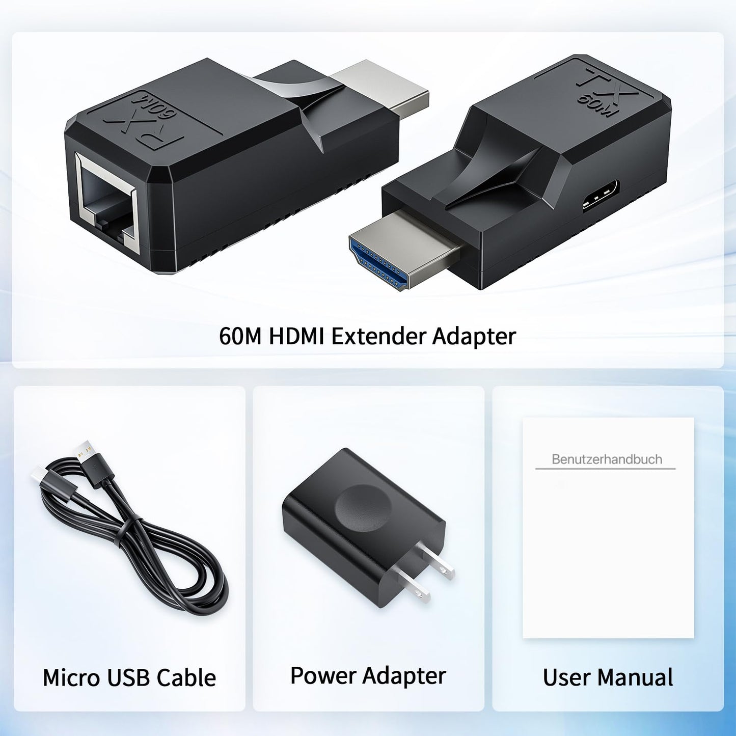 196FT HDMI Extender Over Single Ethernet Cat5e/6 Cable, Support Audio Video UHD 1080P@60Hz, HDMI Male to Male RJ45 Network LAN Extender 60M Converter Repeater, for HDTV, PC, PS3/4, Projector, Monitor