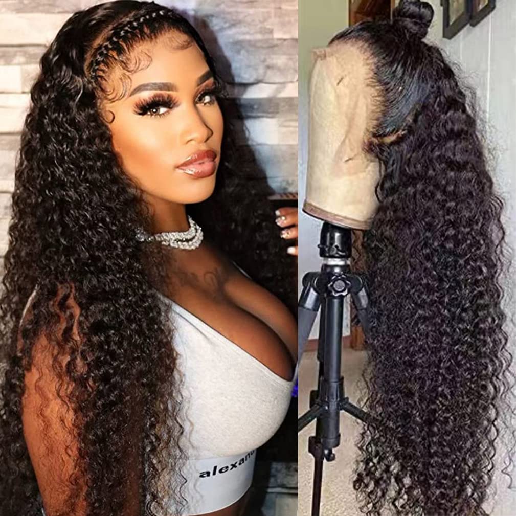 13x4 Lace Front Wigs Human Hair Pre Plucked 180 Density Brazilian Wet and Wavy Human Hair Wigs for Black Women Glueless Curly Lace Frontal Wig Natural Color (22 Inch)
