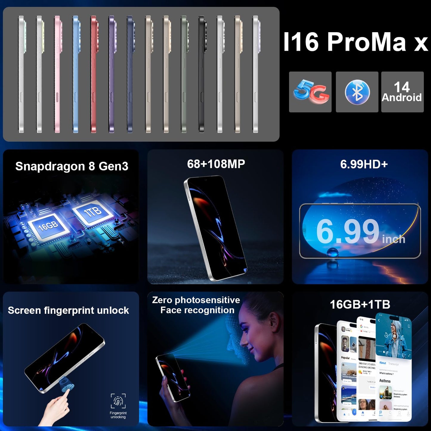 16PROMA X 16GB+1TB 6.99" HD Screen Smartphone Unlocked Cell Phone,Battery 7000mAh Unlocked The Phone, Android 14 Fingerprint Button Unlock/GPS/Dual SIM/5G/Face ID(Desert Titanium)