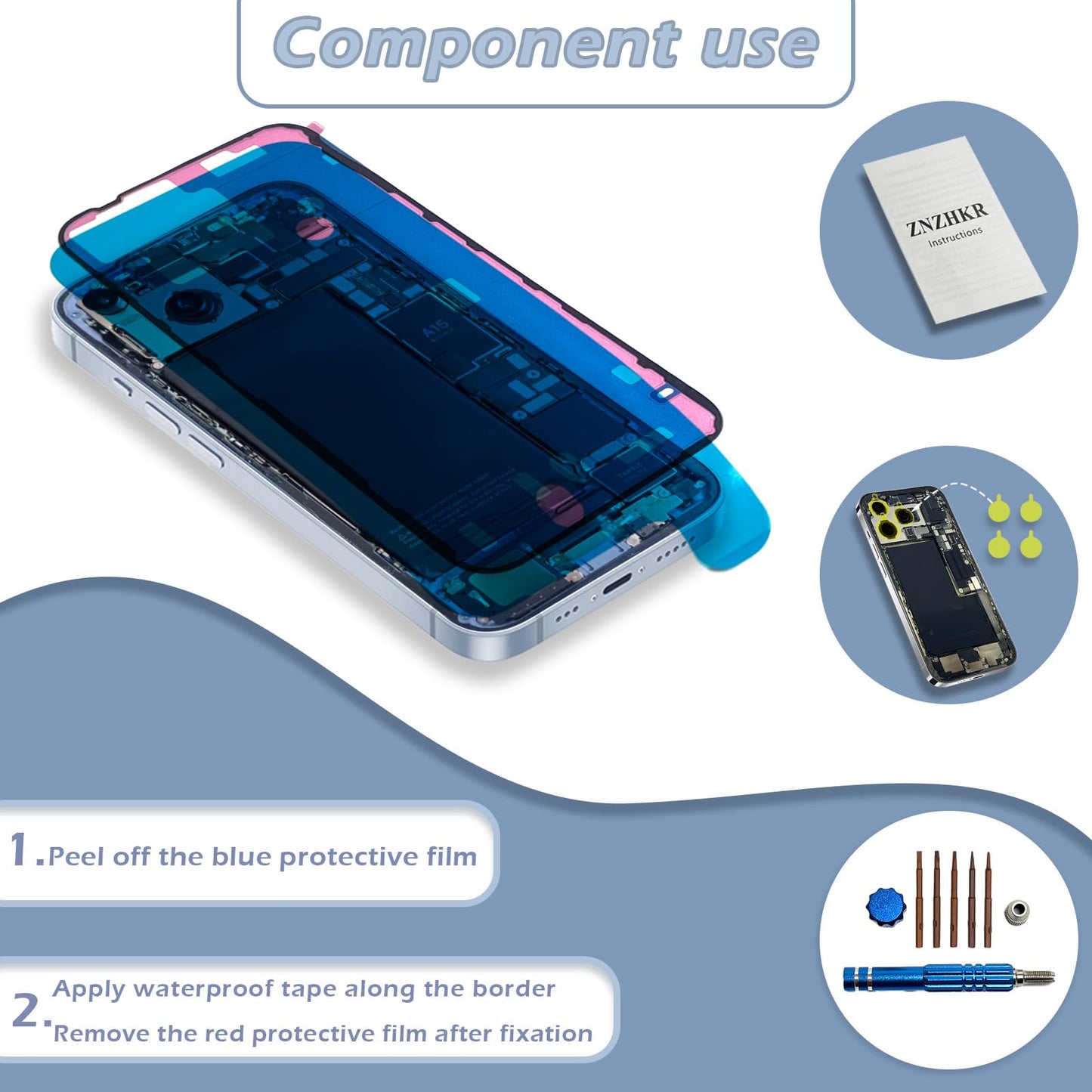 15 Back Glass Replacement with Wireless Charging Flex Cable and Camera Frame All Parts for iPhone 14 (6.1 Inch,Black) Replacement of Equipment Waterproof Tape